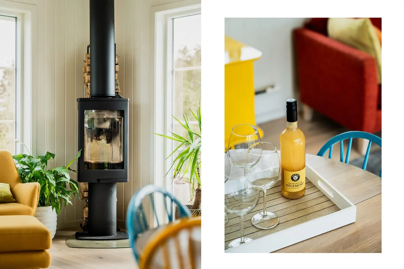 Peisovnen med glass på tre sider, kan nytes både fra sofagruppen og spiseplassen.