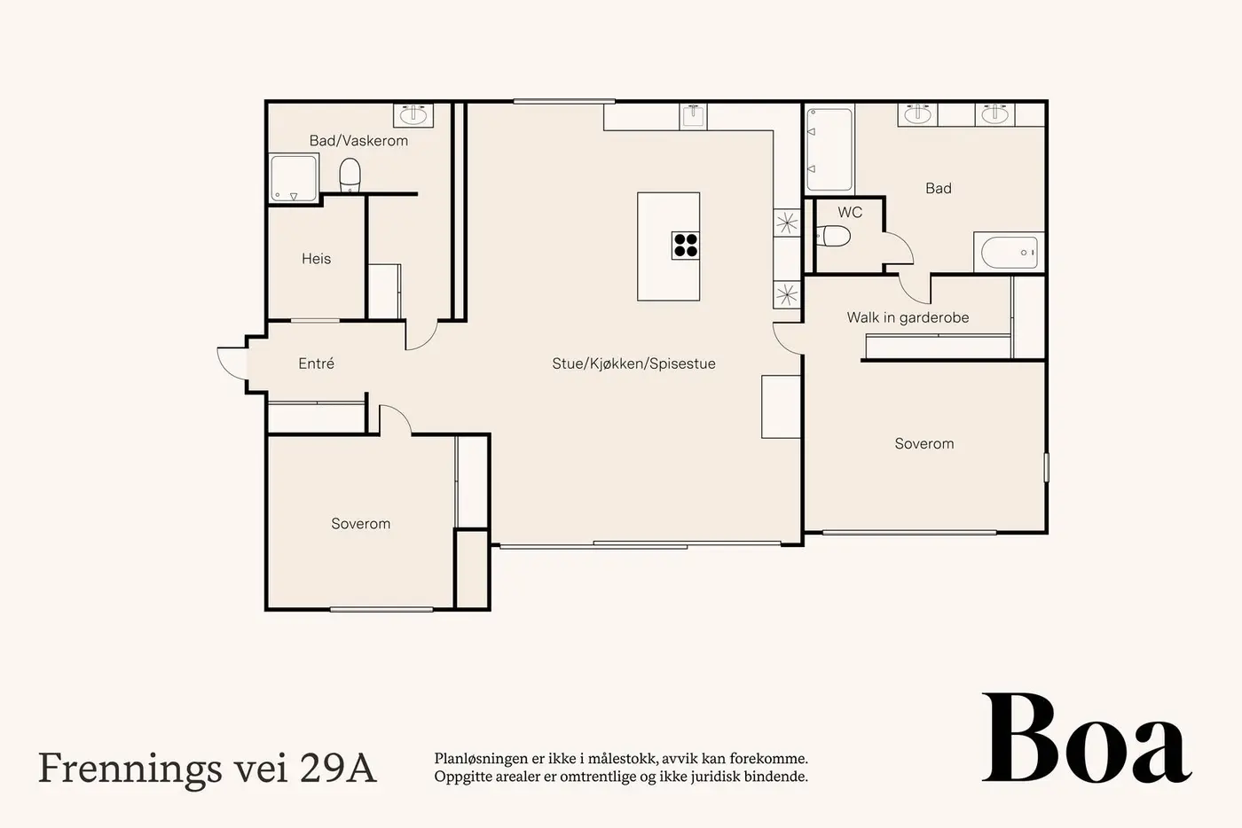 Plantegningen illustrerer en arealeffektiv leilighet og inneholder:
Entré, to bad, separat toalett, to soverom og stue/spisestue/kjøkken.

Annet: 
Terrasse på 70 m².
Leiligheten disponerer garasjeplass i lukket felles garasjeanlegg, med mulighet for elbil-lader, samt en lukket kjellerbod på 5 m².