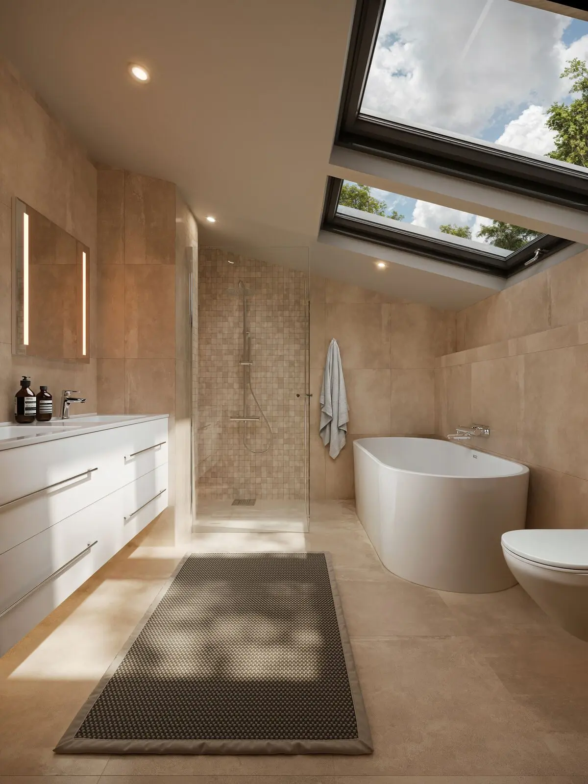 Et av boligens tre bad. En-suite badet ligger i forlengelse av hovedsoverommet og er utformet med både badekar og dusjnisje. Takvinduet slipper inn rikelig med dagslys.